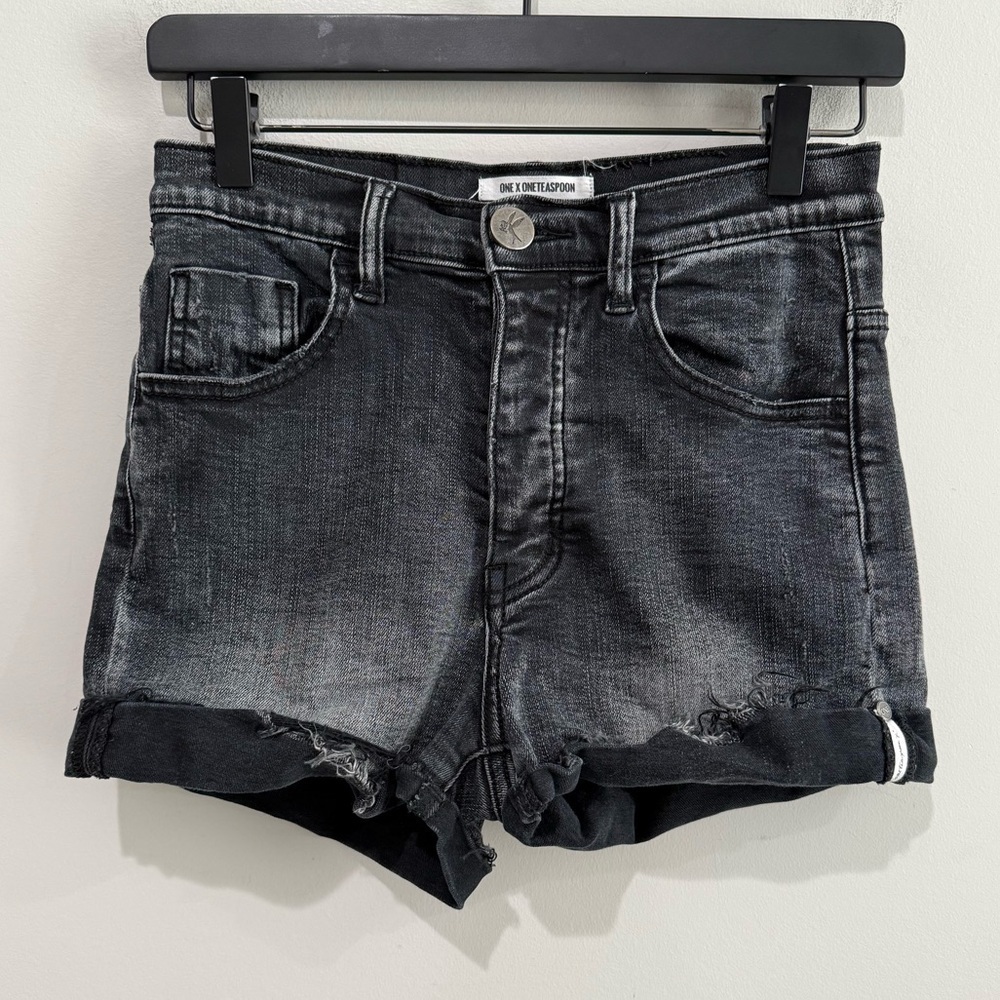ONE TEASPOON Harlets Black Paris High Rise Fitted Cuff Hem Denim Shorts Size 27